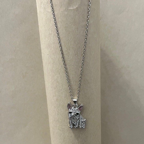 French Bulldog Silver Crystal Pendant Necklace - Pink Ear Accents display case - Picture 3 of 10